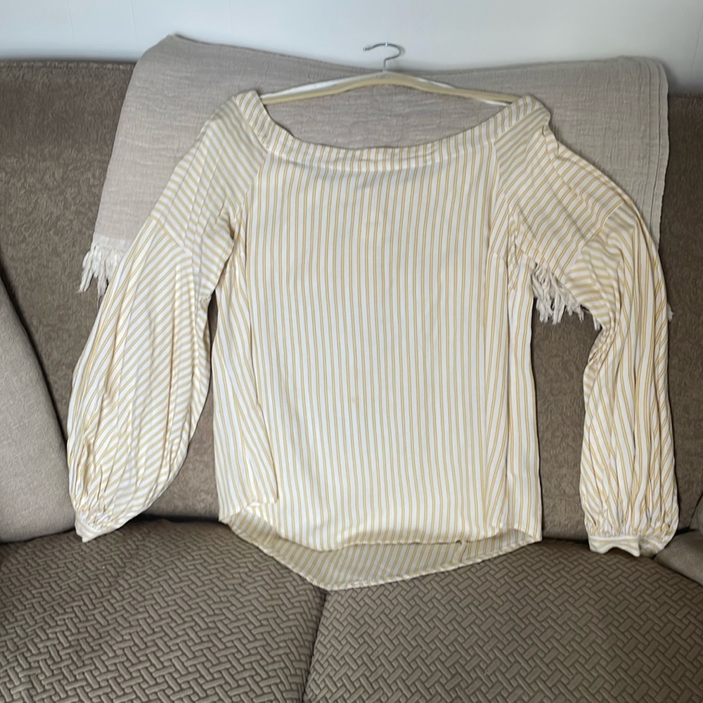 Maeve yellow and white balloon sleeve off shoulder blouse.